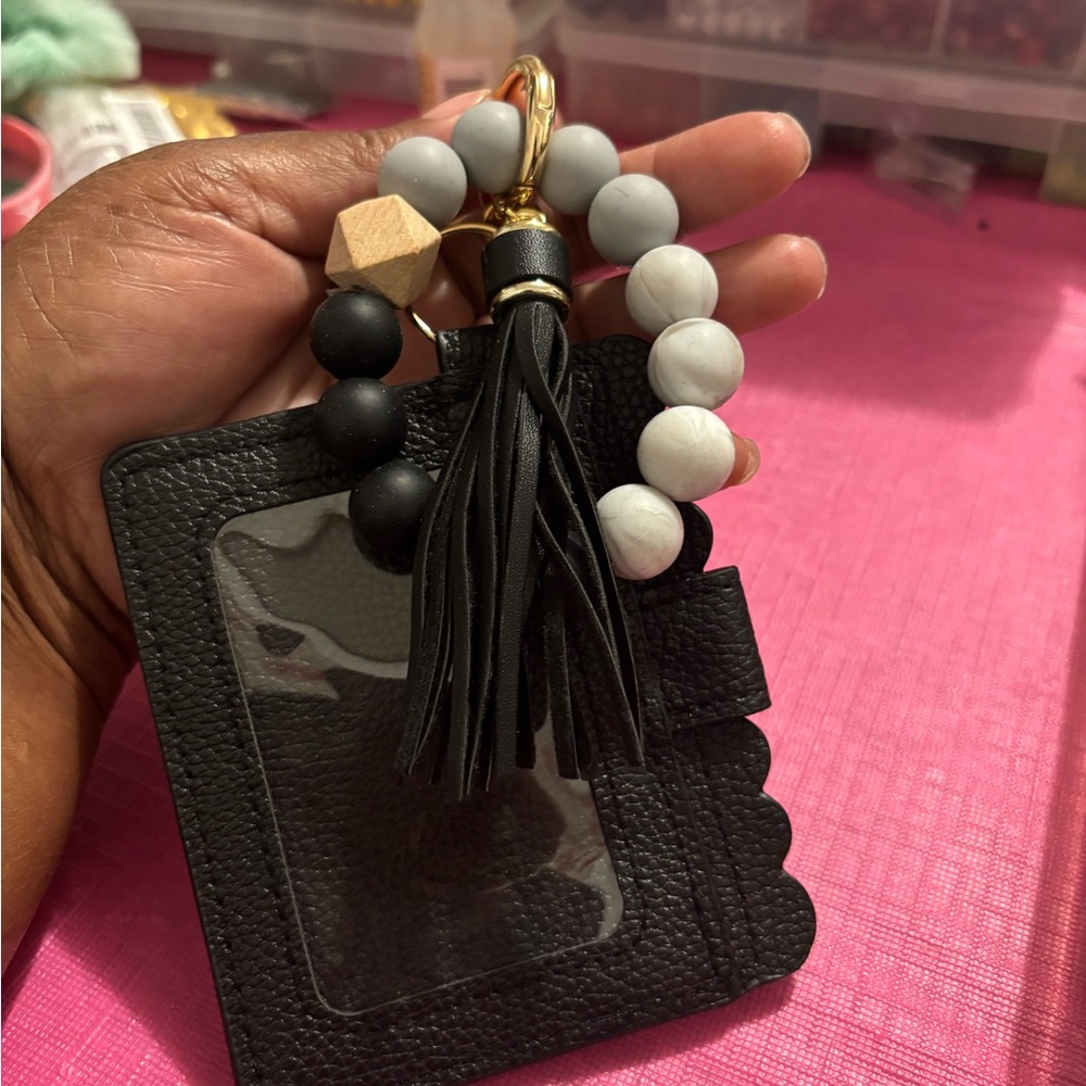 Black and White Beaded Keychain Wallet